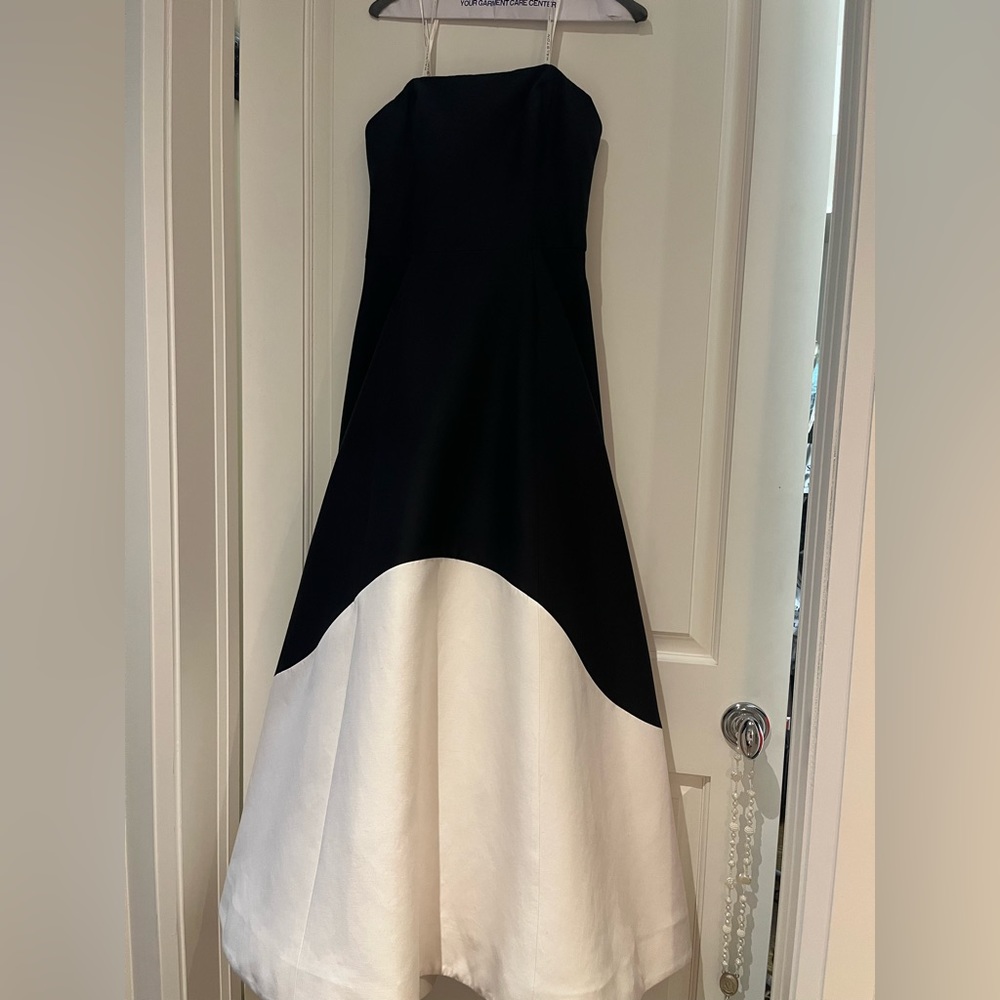 Halston Classic Black and White Strapless A-Line Gown